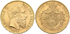 BELGIUM. Léopold II, 1865-1909. 20 Francs 1875 (Gold, 21 mm, 6.42 g, 6 h), Brussels. LEOPOLD II ROI DES BELGES Head of Leopold II to right, 1875 below...