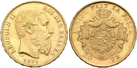 BELGIUM. Léopold II, 1865-1909. 20 Francs 1876 (Gold, 21 mm, 6.47 g, 6 h), Brussels. LEOPOLD II ROI DES BELGES Head of Leopold II to right, 1876 below...