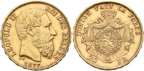 BELGIUM. Léopold II, 1865-1909. 20 Francs 1877 (Gold, 21 mm, 6.47 g, 6 h), Brussels. LEOPOLD II ROI DES BELGES Head of Leopold II to right, 1877 below...