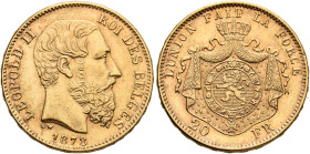 BELGIUM. Léopold II, 1865-1909. 20 Francs 1878 (Gold, 21 mm, 6.45 g, 6 h), Brussels. LEOPOLD II ROI DES BELGES Head of Leopold II to right, 1878 below...