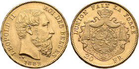 BELGIUM. Léopold II, 1865-1909. 20 Francs 1882 (Gold, 21 mm, 6.47 g, 6 h), Brussels. LEOPOLD II ROI DES BELGES Head of Leopold II to right, 1882 below...