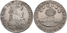 BOLIVIA, Republic. 1825-present. 8 Soles 1827 (Silver, 38 mm, 26.85 g, 6 h), Potosí. LIBRE POR LA CONSTITUCION Laureate bust of Simon Bolivar to right...