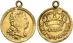 BRAZIL, Colonial. Joao V, king of Portugal, 1706-1750. 400 Reis 1730 (Gold, 13 mm, 0.91 g, 12 h), Minas Gerais. Laureate head of Joao V to right; •M• ...