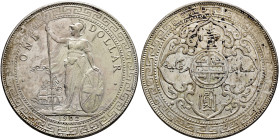 BRITISH, Trade Dollars. Dollar 1902 (Silver, 39 mm, 26.94 g, 12 h), struck for circulation in East Asia, Bombay (Mumbay). Britannia standing facing, h...