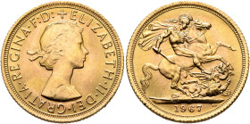 BRITISH, Windsor. Elizabeth II, 1952-2022. Sovereign 1967 (Gold, 22 mm, 8.00 g, 12 h), London. ELIZABETH II DEI GRATIA REGINA F D Laureate head of Eli...