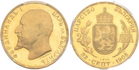 BULGARIA. Principality. Ferdinand I, 1887-1908. 20 Leva (Gold, 20 mm, 10.00 g, 7 h), for the 25th anniversary of his reign, Vienna, dated 1912, but a ...