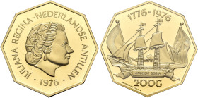 CARRIBEAN TERRITORIES, Netherlands Antilles. Juliana. Queen of the Netherlands, 1948-1980. 200 Gulden 1976 (Gold, 28 mm, 7.95 g, 12 h), commemorating ...