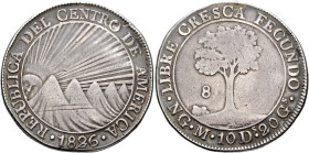 CENTRAL AMERICAN REPUBLIC. 1823-1839. 8 Reales 1826 (Silver, 39 mm, 26.51 g, 12 h), Guatemala City. REPUBLICA DEL CENTRO DE AMERICA / 1826 Sunrise ove...