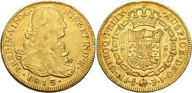 CHILE, Colonial. Fernando VII, king of Spain, 1808-1833. 8 Escudos 1813 (Gold, 38 mm, 27.02 g, 12 h), Santiago. FERDIN•VII•D•G• - HISP•ET IND•R• / •18...