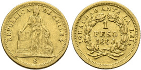 CHILE, Republic. 1818-present. 1 Peso 1860 (Gold, 14 mm, 1.51 g, 6 h), Santiago. REPUBLICA DE CHILE / S Liberty standing, column at left, fasces and c...
