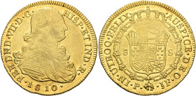COLOMBIA, Colonial. Fernando VII, king of Spain, 1808-1833. 8 Escudos 1810 (Gold, 38 mm, 27.06 g, 12 h), Popayán. FERDND (sic!) •VII•D•G• - HISP•ET IN...