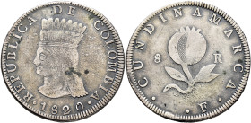 COLOMBIA, Republica de Colombia (Gran Colombia). Provincia de la Nueva Granada. Cundinamarca, 1819-1831. 8 Reales 1820 (Silver, 39 mm, 24.80 g), Bogot...
