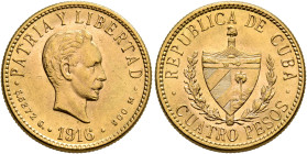 CUBA. Primera República. 1902-1961. 4 Pesos 1916 (Gold, 19 mm, 6.68 g), Philadelphia. PATRIA Y LIBERTAD / 1916 Head of José Martí to right. Rev. REPUB...