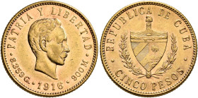 CUBA. Primera República. 1902-1961. 5 Pesos 1916 (Gold, 21 mm, 8.35 g), Philadelphia. PATRIA Y LIBERTAD / 1916 Head of José Martí to right. Rev. REPUB...