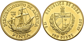 CUBA. Segunda República. 1961-present. 100 Pesos 1981 (Gold, 26 mm, 11.93 g, 6 h), on the discovery of America by Columbus. DESCUBRIMIENTO DE AMERICA ...