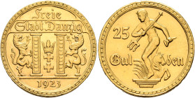 DANZIG. Freie Stadt. 1920-1939. 25 Gulden 1923 (Gold, 22 mm, 8.00 g, 12 h), Berlin. Freie / Stadt Danzig // 1923 Coat of arms with leonine supporters....