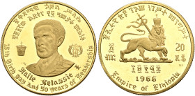 ETHIOPIA, Ethiopian Empire. Haile Selassie, second reign, 1936-1974. 20 Dollars EE 1958 and AD 1966 (Gold, 25 mm, 8.12 g, 6 h), on his 75th birthday, ...