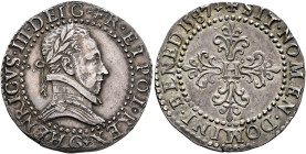 FRANCE, Royal. Henri III, 1574-1589. Demi-Franc 1587 (Silver, 28 mm, 7.11 g, 11 h), Poitiers. HENRICVS III DEI G FR ET POL REX Laureate and cuirassed ...