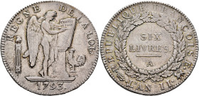 FRANCE, Premier République. Convention nationale. 1792-1795. Écu de 6 livres 1793 A (Silver, 39 mm, 29.33 g, 6 h). REGNE DE LA LOI / 1793 Genius stand...