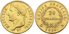 FRANCE, Premier Empire. Napoléon I, 1804-1814, 1815. 20 Francs 1810 A (Gold, 21 mm, 6.51 g, 6 h), Paris. NAPOLEON EMPEREUR Laureate head of Napoléon I...