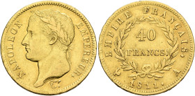 FRANCE, Premier Empire. Napoléon I, 1804-1814, 1815. 40 Francs 1811 A (Gold, 26 mm, 12.86 g, 6 h), Paris. NAPOLEON EMPEREUR Laureate head of Napoléon ...