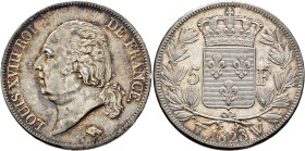 FRANCE, Royal (Restored). Louis XVIII, 1814-1824. 5 Francs 1823 W (Silver, 37 mm, 25.12 g, 6 h), Lille. LOUIS XVIII ROI DE FRANCE Head of Louis XVIII ...
