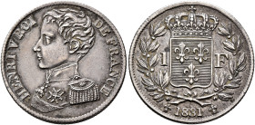 FRANCE, Royal (Restored). Henri V Prétendant et comte de Chambord, 1820-1883. Essai de 1 Franc 1831 (Silver, 23 mm, 5.00 g, 6 h). HENRI V ROI - DE FRA...