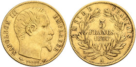 FRANCE, Second Empire. Napoléon III, 1852-1870. 5 Francs 1854 (Gold, 14 mm, 1.58 g), Paris. NAPOLEON III EMPEREUR Bare head of Napoléon III to right. ...