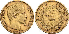 FRANCE, Second Empire. Napoléon III, 1852-1870. 20 Francs 1856 A (Gold, 21 mm, 6.41 g, 6 h), Paris. NAPOLEON III EMPEREUR Bare head of Napoléon III to...