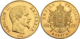 FRANCE, Second Empire. Napoléon III, 1852-1870. 100 Francs 1857 A (Gold, 34 mm, 32.22 g, 6 h), Paris. NAPOLEON III EMPEREUR Bare head of Napoléon III ...