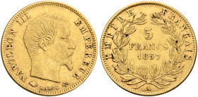 FRANCE, Second Empire. Napoléon III, 1852-1870. 5 Francs 1857 (Gold, 16 mm, 1.61 g), Paris. NAPOLEON III EMPEREUR Bare head of Napoléon III to right. ...