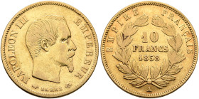 FRANCE, Second Empire. Napoléon III, 1852-1870. 10 Francs 1858 A (Gold, 19 mm, 3.18 g, 6 h), Paris. NAPOLEON IIII EMPEREUR Bare head of Napoléon III t...
