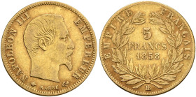 FRANCE, Second Empire. Napoléon III, 1852-1870. 5 Francs 1858 BB (Gold, 16 mm, 1.57 g, 6 h), Strasbourg. NAPOLEON III EMPEREUR Bare head of Napoléon I...