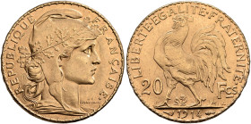 FRANCE, Troisième République. 1875-1940. 20 Francs 1914 (Gold, 21 mm, 6.54 g, 6 h), Paris. REPUBLIQUE FRANÇAISE Head of Marianne to right, wearing lib...