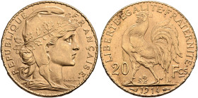FRANCE, Troisième République. 1875-1940. 20 Francs 1914 (Gold, 21 mm, 6.47 g, 6 h), Paris. REPUBLIQUE FRANÇAISE Head of Marianne to right, wearing lib...