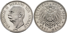GERMANY. Anhalt. Friedrich II, 1904-1918. 3 Mark 1909 A (Silver, 33 mm, 16.67 g, 12 h), Berlin. FRIEDRICH II HERZOG VON ANHALT / A Bare head of Friedr...