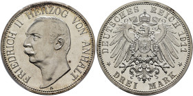GERMANY. Anhalt. Friedrich II, 1904-1918. 3 Mark 1911 A (Silver, 33 mm, 16.67 g, 12 h), Berlin. FRIEDRICH II HERZOG VON ANHALT / A Bare head of Friedr...