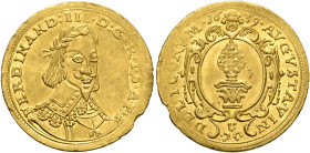 GERMANY. Augsburg (Stadt). Dukat 1639 (Gold, 21 mm, 3.47 g, 11 h), in the name of Ferdinand III, holy Roman emperor (1637-1657). FERDINAND:III•D:G•R•I...