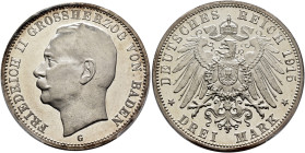 GERMANY, Baden. Friedrich II, 1907-1918. 3 Mark 1915 (Silver, 33 mm, 16.67 g, 12 h), Karlsruhe. FRIEDRICH II GROSSHERZOG VON BADEN / G Head of Friedri...