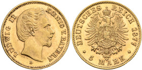 GERMANY. Bayern. Ludwig II, 1864-1886. 5 Mark 1877 (Gold, 17 mm, 2.00 g), München. LUDWIG II KOENIG VON BAYERN Head of Ludwig II. right, D below. Rev....