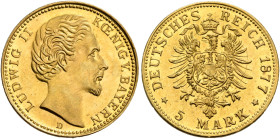 GERMANY. Bayern. Ludwig II, 1864-1886. 5 Mark 1877 (Gold, 17 mm, 1.97 g), a 20th century restrike. LUDWIG II KOENIG VON BAYERN Head of Ludwig II. righ...