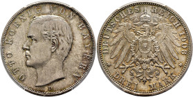 GERMANY. Bayern. Otto II, 1886-1913. 3 Mark 1908 D (Silver, 33 mm, 16.67 g, 12 h), München. OTTO KOENIG VON BAYERN Bare head of Otto II to left. Rev. ...