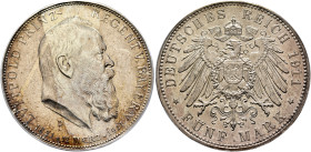 GERMANY. Bayern. Luitpold. Prince Regent, 1886-1912. 5 Mark 1911 D (Silver, 38 mm, 27.78 g, 12 h), on his 90th birthday on 12 March, München. LVITPOLD...