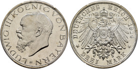 GERMANY. Bayern. Ludwig II, 1913-1918. 3 Mark 1914 D (Silver, 33 mm, 16.67 g, 12 h), München. LUDWIG III KOENIG VON BAYERN / D Head of Ludwig III to l...