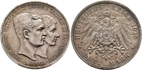 GERMANY. Braunschweig. Ernst August, 1913-1918. 3 Mark 1915 (Silver, 33 mm, 16.67 g, 12 h), on his accession to power. Without 'Lüneburg'. ERNST AUGUS...