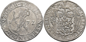 GERMANY. Braunschweig-Wolfenbüttel. Heinrich Julius, 1589-1613. Taler 1572 (Silver, 41 mm, 28.89 g, 4 h), Goslar. ALIIS INSERVIENDO CONSVMOR Wild man ...