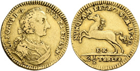 GERMANY. Braunschweig-Wolfenbüttel. Karl I, 1735-1780. 2 1/2 Taler 1750 (Gold, 20 mm, 3.22 g). CAROLVS D•G• - DVX BR•ET LVN• Armored bust of Karl I to...