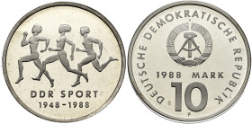 GERMANY. German Democratic Republic. 1949-1990. Pattern 10 Mark 1988 (Silver, 31 mm, 17.00 g), on the 40th anniversary of the Gymnastics and Sports As...