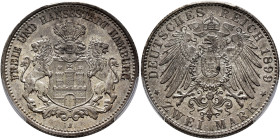 GERMANY. Hamburg. 2 Mark 1899 (Silver, 28 mm, 11.11 g, 12 h), Hamburg. FREIE UND HANSESTADT HAMBURG Coat of arms supported by two lions. Rev. DEUTSCHE...