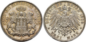 GERMANY. Hamburg. 3 Mark 1908 (Silver, 33 mm, 16.67 g, 12 h), Hamburg. FREIE UND HANSESTADT HAMBURG Coat of arms supported by two lions. Rev. DEUTSCHE...